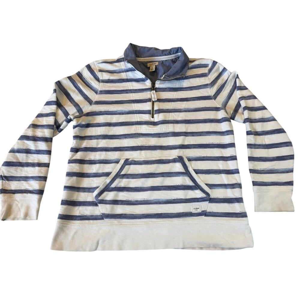 LL Bean Womens Small Petite Blue White Painted Stripe Quarter Zip Pullover
